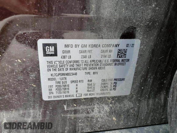 2022 Chevrolet Trax LT z VIN KL7CJPSM6NB523440, wystawiony jako Copart lot #60461905 z przebiegiem Nie podano mil oraz Szkoda całkowita • Salvage title. Historia ofert i sprzedaży dostępna na DreamBid. Obrazek 13.