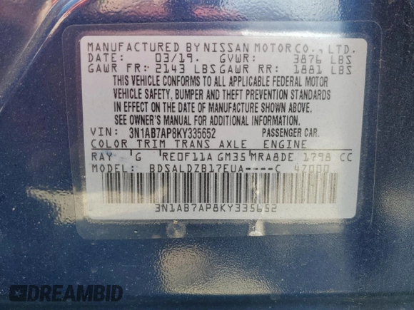 2019 Nissan Sentra S with VIN 3N1AB7AP8KY335652, listed as a Copart auction lot 57279915 with 74,677 mi miles and Clean title. Bid and sale history available at DreamBid. Image 13.