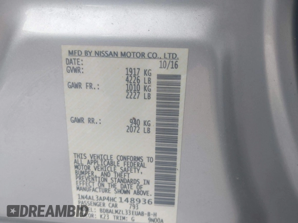 2017 Nissan Altima SV with VIN 1N4AL3AP4HC148936, listed as a IAAI auction lot 42340153 with 76,049 mi miles and . Bid and sale history available at DreamBid. Image 9.