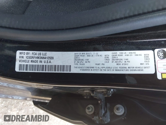 2022 Ram 1500 Limited z VIN 1C6SRFHM3NN412939, wystawiony jako IAAI lot #41813912 z przebiegiem 62 218 mil mil oraz . Historia ofert i sprzedaży dostępna na DreamBid. Obrazek 9.