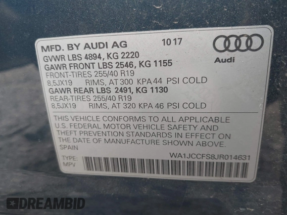 2018 Audi Q3 Premium Plus z VIN WA1JCCFS8JR014631, wystawiony jako IAAI lot #41958696 z przebiegiem 94 063 mil mil oraz . Historia ofert i sprzedaży dostępna na DreamBid. Obrazek 9.