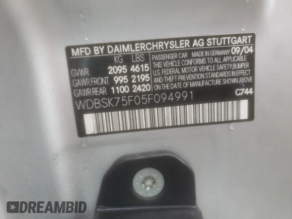 2005 Mercedes-Benz SL 500 with VIN WDBSK75F05F094991, listed as a Copart auction lot 61678705 with 128,123 mi miles and Clean title. Bid and sale history available at DreamBid. Image 12.