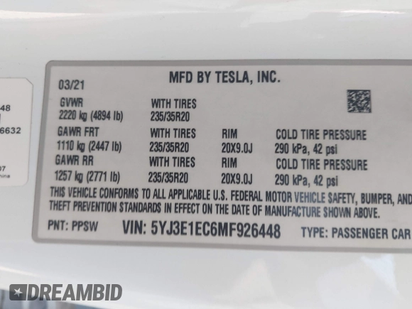 2021 Tesla Model 3 Performance with VIN 5YJ3E1EC6MF926448, listed as a IAAI auction lot 41240309 with 39,386 mi miles and . Bid and sale history available at DreamBid. Image 9.