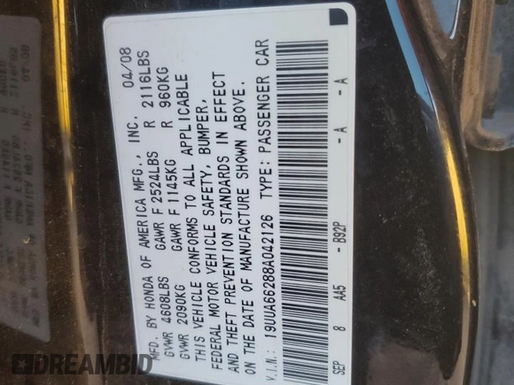 2008 Acura TL with VIN 19UUA66288A042126, listed as a Copart auction lot 84247284 with 0 mi miles and Salvage Title. Bid and sale history available at carsss.com. Image 13.