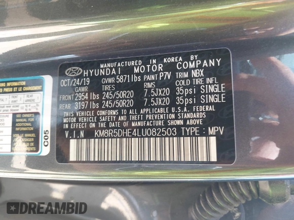 2020 Hyundai Palisade Limited with VIN KM8R5DHE4LU082503, listed as a IAAI auction lot 42294009 with 34,060 mi miles and . Bid and sale history available at DreamBid. Image 9.