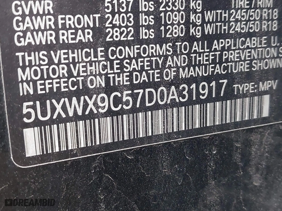 2013 BMW X3 xDrive28i with VIN 5UXWX9C57D0A31917, listed as a IAAI auction lot 41864807 with 97,479 mi miles. Bid and sale history available at carsss.com. Image 9.