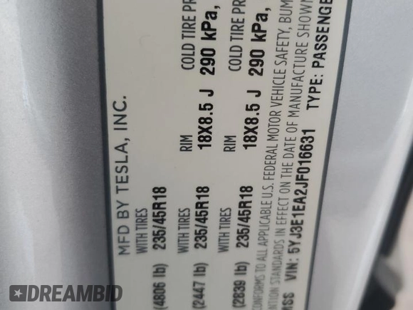 2018 Tesla Model 3 Long Range Battery with VIN 5YJ3E1EA2JF016631, listed as a Copart auction lot 55527095 with 129,547 mi miles and Salvage Title. Bid and sale history available at DreamBid. Image 12.