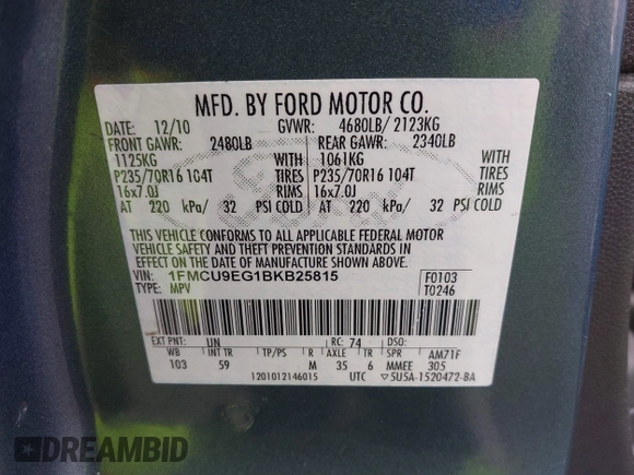 2011 Ford Escape Limited with VIN 1FMCU9EG1BKB25815, listed as a IAAI auction lot 41937422 with 166,207 mi miles. Bid and sale history available at carsss.com. Image 9.