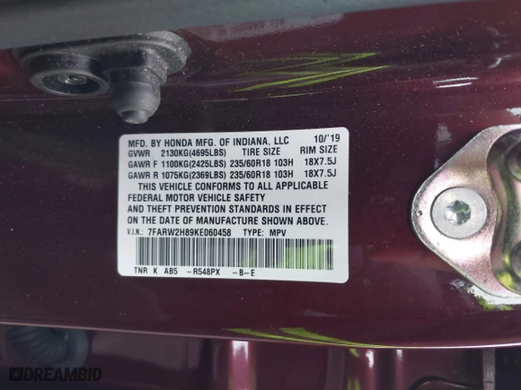 2019 Honda CR-V EX-L with VIN 7FARW2H89KE060458, listed as a IAAI auction lot 41668609 with 33,534 mi miles. Bid and sale history available at carsss.com. Image 9.