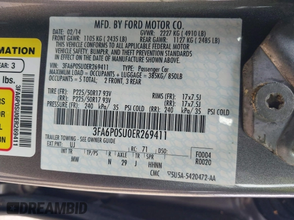 2014 Ford Fusion Titanium with VIN 3FA6P0SU0ER269411, listed as a IAAI auction lot 42163704 with 169,355 mi miles and . Bid and sale history available at DreamBid. Image 9.