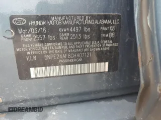 2016 Hyundai Sonata SE with VIN 5NPE24AF8GH407121, listed as a Copart auction lot 52639533 with 114,906 mi miles and Salvage Title. Bid and sale history available at carsss.com. Image 12.