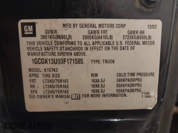 2003 Chevrolet Silverado 1500HD LS z VIN 1GCGK13U93F171585, wystawiony jako IAAI lot #41990852 z przebiegiem 242 327 mil mil oraz . Historia ofert i sprzedaży dostępna na DreamBid. Obrazek 9.