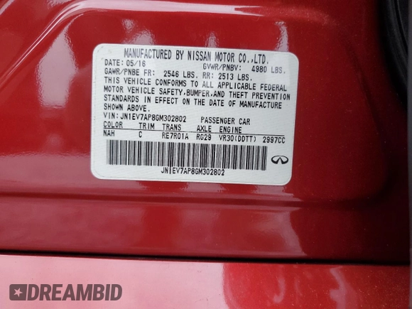 2016 Infiniti Q50 Premium with VIN JN1EV7AP8GM302802, listed as a Copart auction lot 88995315 with Not provided miles and Salvage title. Bid and sale history available at DreamBid. Image 14.