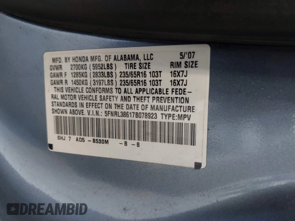 2007 Honda Odyssey EX-L z VIN 5FNRL38617B078923, wystawiony jako IAAI lot #42335122 z przebiegiem 154 352 mil mil oraz . Historia ofert i sprzedaży dostępna na DreamBid. Obrazek 9.