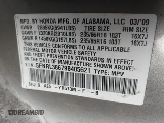 2009 Honda Odyssey EX-L с VIN 5FNRL38679B405621, выставлен на аукционе IAAI как лот 42186852 с пробегом 242 442 миль миль и . История ставок и продаж доступна на DreamBid. Изображение 9.