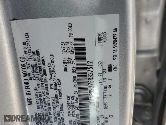 2014 Ford Fusion Titanium with VIN 3FA6P0SU7ER337512, listed as a Copart auction lot 56201325 with 89,826 mi miles and Salvage title. Bid and sale history available at DreamBid. Image 12.