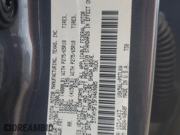 2015 Toyota Tundra Limited z VIN 5TFHY5F15FX469805, wystawiony jako Copart lot #61155305 z przebiegiem 113 159 mil mil oraz Szkoda całkowita • Salvage title. Historia ofert i sprzedaży dostępna na DreamBid. Obrazek 12.