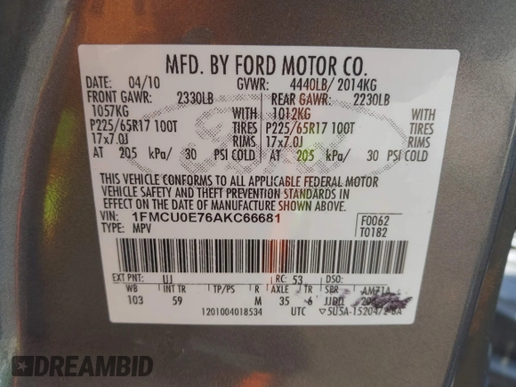 2010 Ford Escape Limited с VIN 1FMCU0E76AKC66681, выставлен на аукционе IAAI как лот 42168260 с пробегом 254 930 миль миль и . История ставок и продаж доступна на DreamBid. Изображение 9.