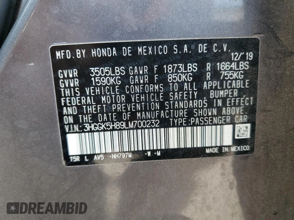 2020 Honda Fit EX with VIN 3HGGK5H89LM700232, listed as a Copart auction lot 58446435 with 68,233 mi miles and Clean title. Bid and sale history available at DreamBid. Image 13.