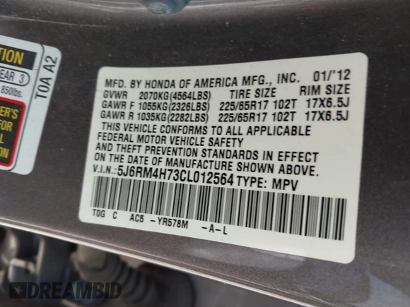 2012 Honda CR-V EX-L with VIN 5J6RM4H73CL012564, listed as a IAAI auction lot 42156438 with 165,346 mi miles and . Bid and sale history available at DreamBid. Image 9.