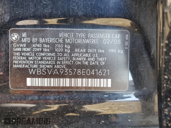 2008 BMW 3 Series M3 with VIN WBSVA93578E041621, listed as a Copart auction lot 60076213 with 196,119 mi miles and Salvage title. Bid and sale history available at DreamBid. Image 12.