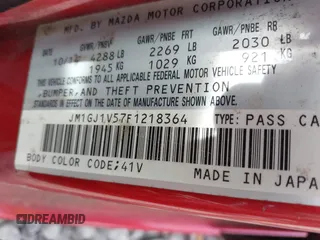 2015 Mazda 6 i Touring with VIN JM1GJ1V57F1218364, listed as a IAAI auction lot 41885205 with 233,747 mi miles. Bid and sale history available at carsss.com. Image 9.