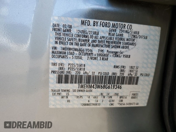 2008 Mercury Sable Premier z VIN 1MEHM43W68G619346, wystawiony jako Copart lot #60102945 z przebiegiem 167 305 mil mil oraz Szkoda całkowita • Salvage title. Historia ofert i sprzedaży dostępna na DreamBid. Obrazek 12.
