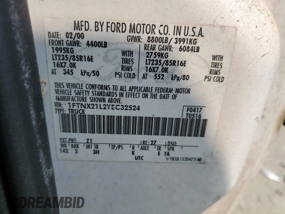2000 Ford F-250 XL с VIN 1FTNX21L2YEC32524, выставлен на аукционе Copart как лот 59548365 с пробегом 245 547 миль миль и Чистый • Clean title. История ставок и продаж доступна на DreamBid. Изображение 12.