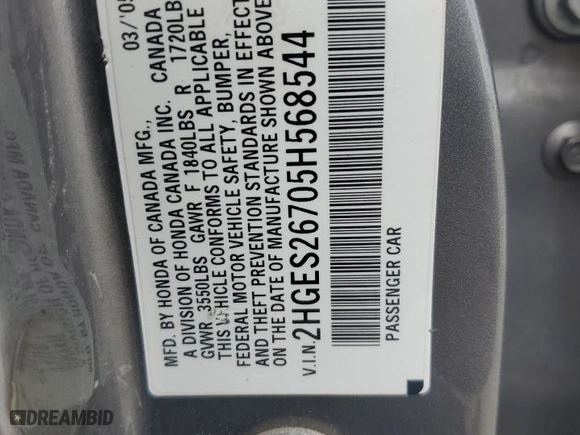 2005 Honda Civic Sdn EX with VIN 2HGES26705H568544, listed as a Copart auction lot 47421605 with 192,135 mi miles and Salvage Title. Bid and sale history available at carsss.com. Image 14.