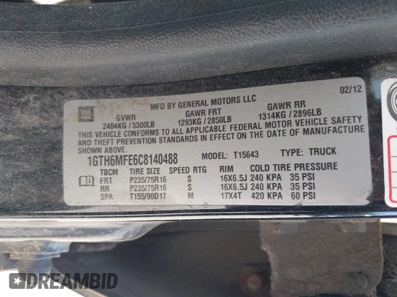 2012 GMC Canyon SLE1 with VIN 1GTH6MFE6C8140488, listed as a IAAI auction lot 42399125 with 92,729 mi miles and . Bid and sale history available at DreamBid. Image 9.