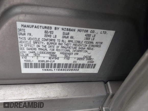 2003 Nissan Altima S with VIN 1N4AL11E83C228302, listed as a IAAI auction lot 41526591 with 235,140 mi miles. Bid and sale history available at carsss.com. Image 9.