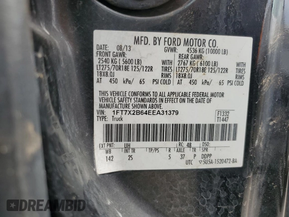 2014 Ford F-250 XL with VIN 1FT7X2B64EEA31379, listed as a Copart auction lot 54993565 with 517,261 mi miles and Clean title. Bid and sale history available at DreamBid. Image 12.
