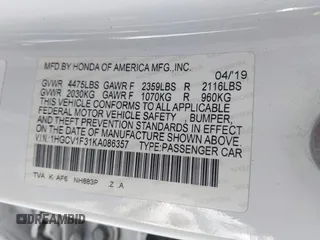 2019 Honda Accord Sedan Sport 1.5T with VIN 1HGCV1F31KA086357, listed as a IAAI auction lot 41801323 with Not Provided miles. Bid and sale history available at carsss.com. Image 9.