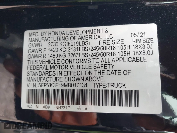 2021 Honda Ridgeline Sport with VIN 5FPYK3F19MB017134, listed as a IAAI auction lot 41942440 with 30,794 mi miles and . Bid and sale history available at DreamBid. Image 9.
