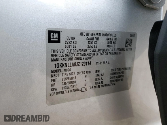 2018 GMC Acadia SLE with VIN 1GKKNLLA8JZ120114, listed as a Copart auction lot 49829925 with 114,794 mi miles and Salvage Title. Bid and sale history available at DreamBid. Image 15.
