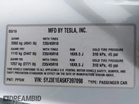 2019 Tesla Model 3 Mid Range with VIN 5YJ3E1EA5KF397098, listed as a IAAI auction lot 41943570 with 72,046 mi miles and . Bid and sale history available at DreamBid. Image 9.