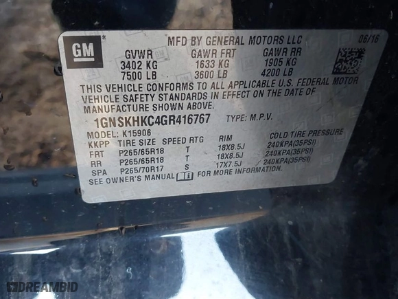 2016 Chevrolet Suburban LT with VIN 1GNSKHKC4GR416767, listed as a IAAI auction lot 41268463 with 1 mi miles. Bid and sale history available at carsss.com. Image 9.