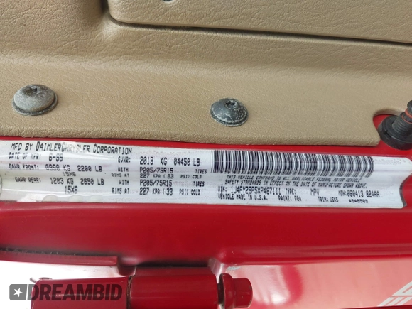 1999 Jeep Wrangler SE z VIN 1J4FY29P5XP487111, wystawiony jako IAAI lot #42125867 z przebiegiem 156 804 mil mil oraz . Historia ofert i sprzedaży dostępna na DreamBid. Obrazek 9.