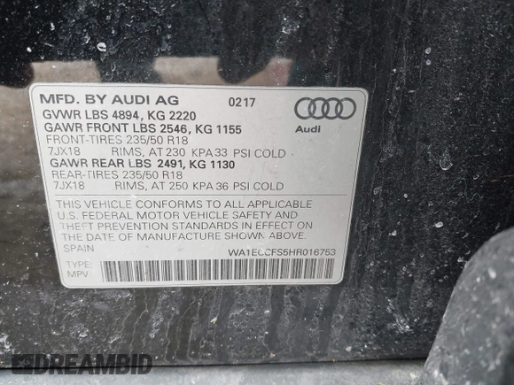 2017 Audi Q3 Premium with VIN WA1ECCFS5HR016753, listed as a IAAI auction lot 41630346 with 77,476 mi miles. Bid and sale history available at carsss.com. Image 9.