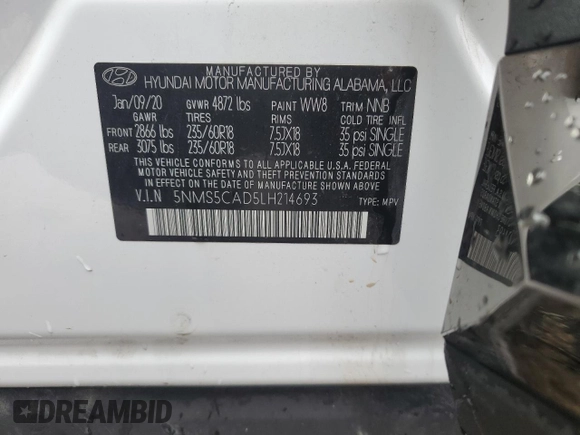 2020 Hyundai Santa Fe Limited with VIN 5NMS5CAD5LH214693, listed as a Copart auction lot 47571215 with 93,643 mi miles and Salvage Title. Bid and sale history available at carsss.com. Image 12.