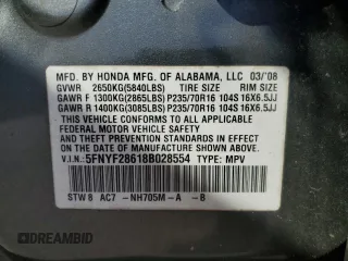 2008 Honda Pilot EX-L z VIN 5FNYF28618B028554, wystawiony jako Copart lot #78627584 z przebiegiem 202 990 mil mil oraz Szkoda całkowita • Salvage title. Historia ofert i sprzedaży dostępna na DreamBid. Obrazek 15.