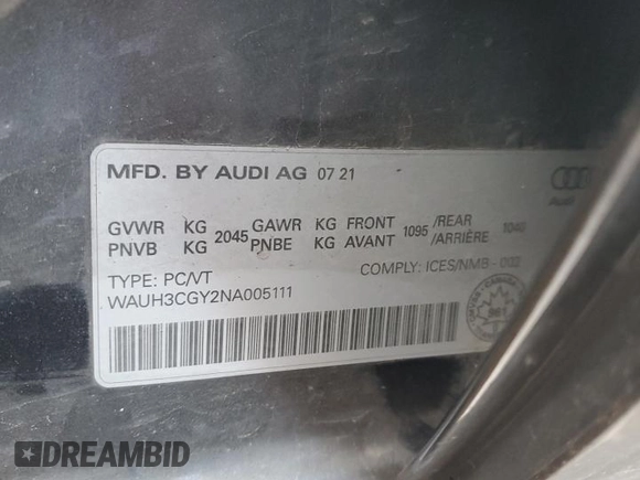 2022 Audi S3 Premium Plus z VIN WAUH3CGY2NA005111, wystawiony jako Copart lot #83374994 z przebiegiem 35 187 mil mil oraz Szkoda całkowita • Salvage title. Historia ofert i sprzedaży dostępna na DreamBid. Obrazek 12.