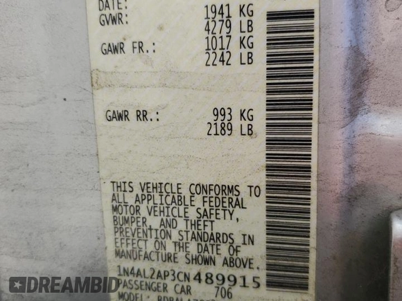 2012 Nissan Altima 2.5 S with VIN 1N4AL2AP3CN489915, listed as a Copart auction lot 49487895 with 221,634 mi miles and Salvage Title. Bid and sale history available at carsss.com. Image 12.