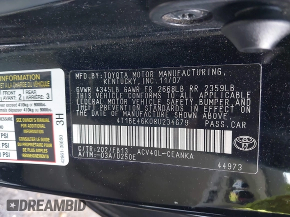 2008 Toyota Camry LE with VIN 4T1BE46K08U234679, listed as a IAAI auction lot 41796295 with 172,224 mi miles. Bid and sale history available at carsss.com. Image 9.
