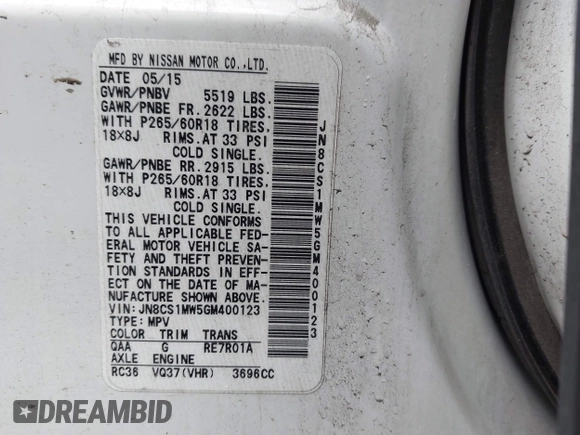 2016 Infiniti QX70 with VIN JN8CS1MW5GM400123, listed as a IAAI auction lot 41719086 with 35,171 mi miles and . Bid and sale history available at DreamBid. Image 9.