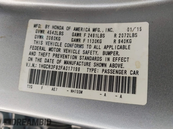 2015 Honda Accord Touring with VIN 1HGCR3F92FA017199, listed as a IAAI auction lot 41892783 with Not provided miles and . Bid and sale history available at DreamBid. Image 9.