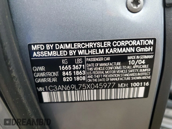 2005 Chrysler Crossfire Limited z VIN 1C3AN69L75X045977, wystawiony jako Copart lot #73111504 z przebiegiem 115 801 mil mil oraz Szkoda całkowita • Salvage title. Historia ofert i sprzedaży dostępna na DreamBid. Obrazek 12.