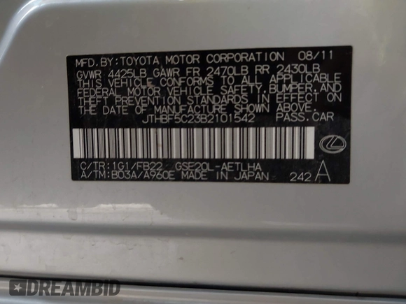 2011 Lexus IS 250 with VIN JTHBF5C23B2101542, listed as a IAAI auction lot 42044542 with 167,338 mi miles and . Bid and sale history available at DreamBid. Image 9.