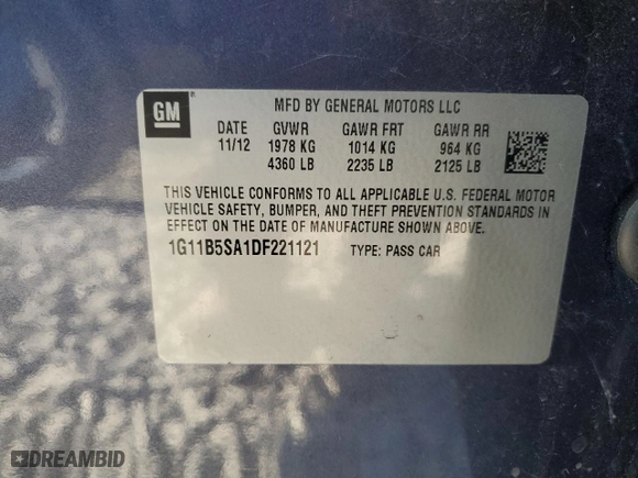 2013 Chevrolet Malibu LS with VIN 1G11B5SA1DF221121, listed as a Copart auction lot 47519425 with 191,820 mi miles and Clean Title. Bid and sale history available at carsss.com. Image 12.