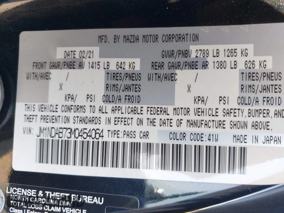 2021 Mazda MX-5 Miata Sport with VIN JM1NDAB73M0454064, listed as a IAAI auction lot 42613537 with 24,630 mi miles and . Bid and sale history available at DreamBid. Image 9.